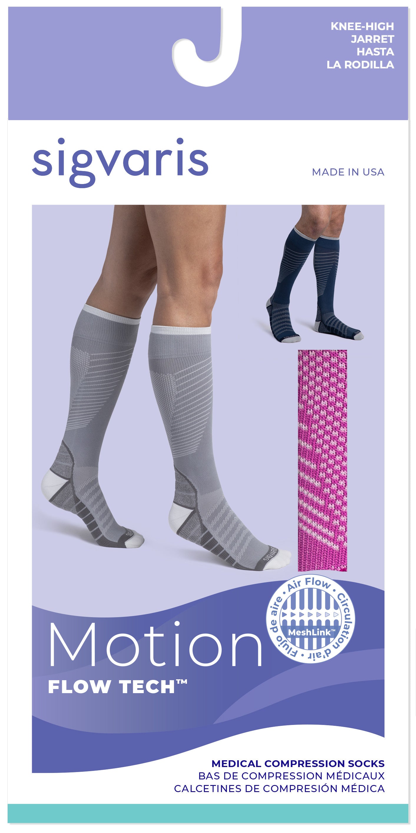 Gray and Blue knee-high socks with navy tops on a white background