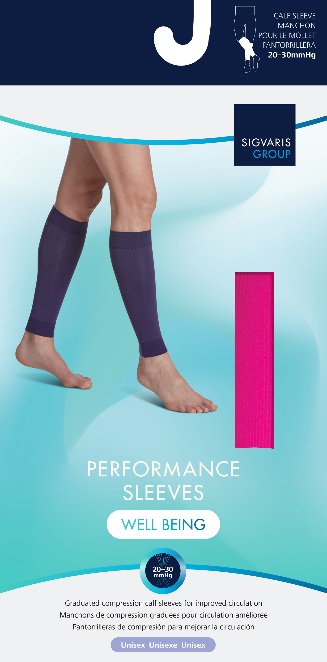 Sigvaris calf sleeves with branding on a light blue background