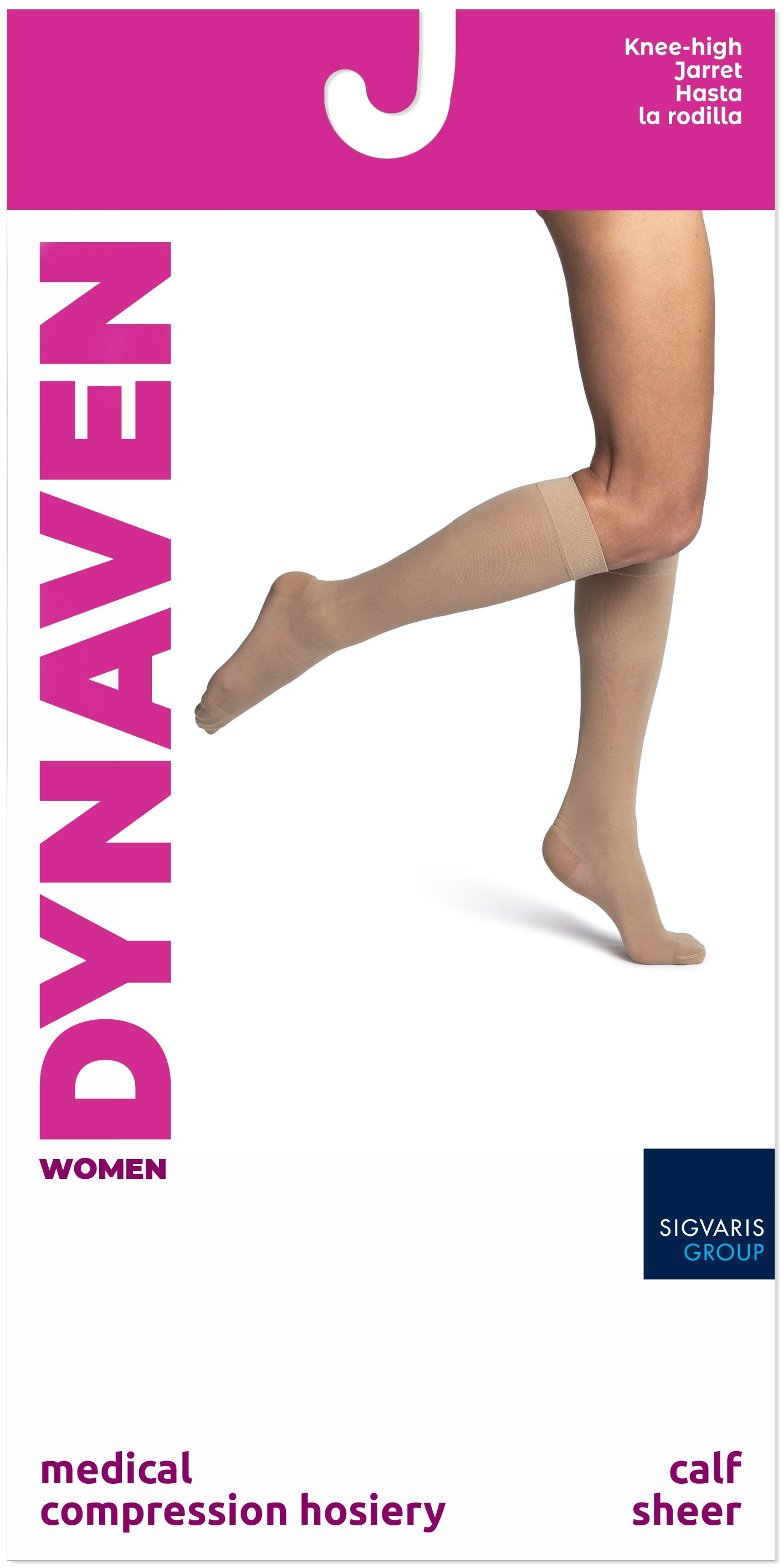 Dynaven knee-high compression hosiery packaging with a person wearing the hosiery.