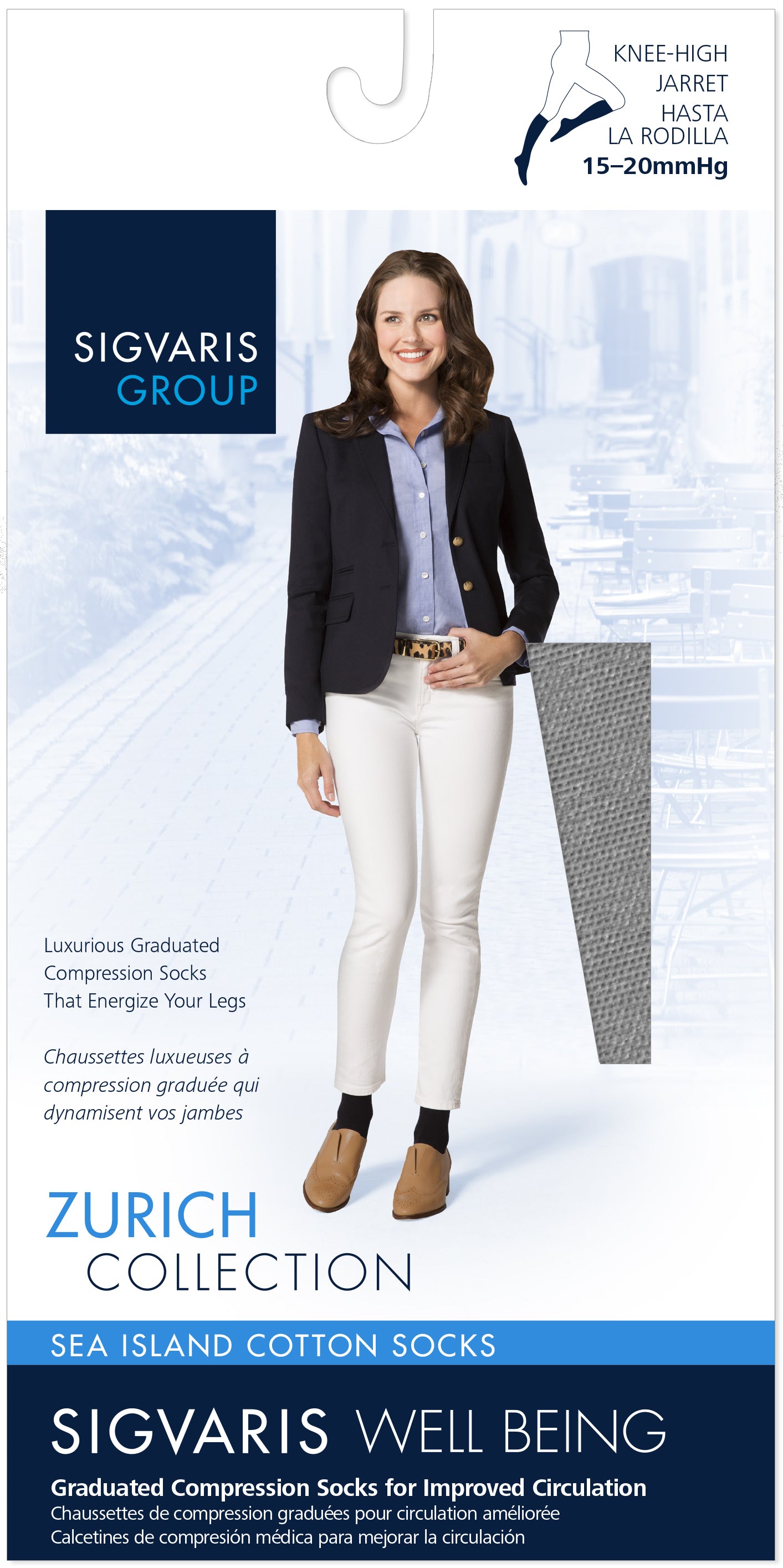 Sigvaris compression sock packaging with a model wearing the socks.