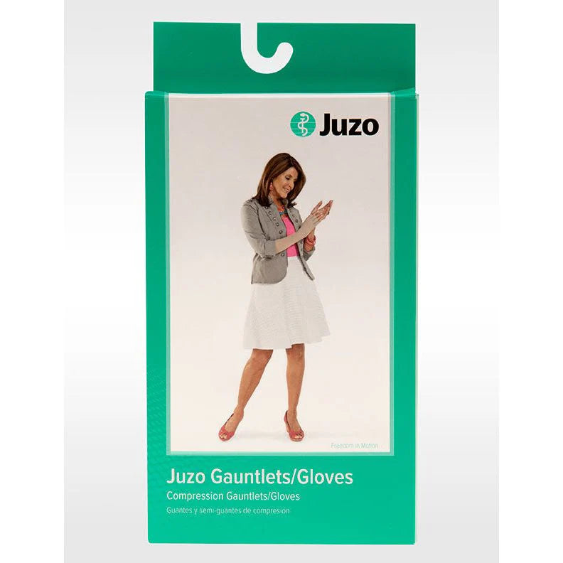 Juzo compression gauntlets and gloves packaging with a woman wearing them on a white background – Compressionsale compression support wear for hand and wrist care