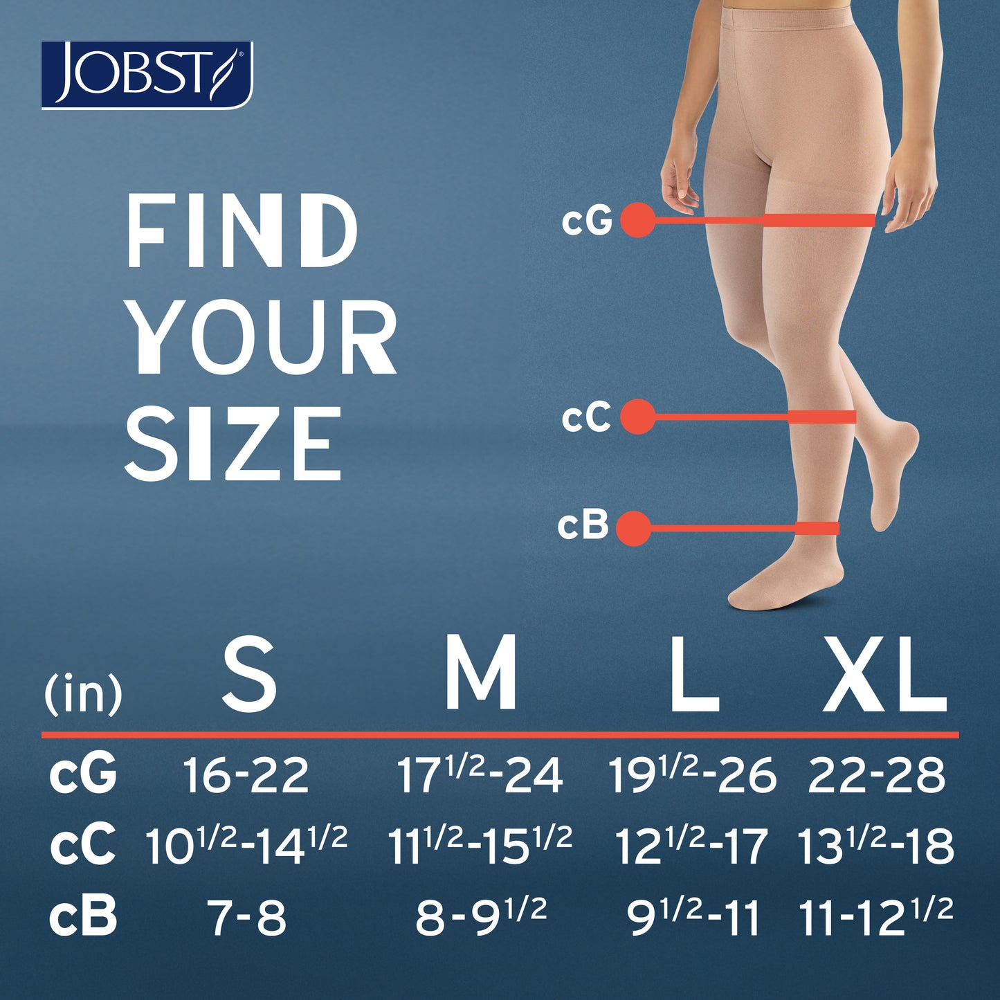 JOBST size chart for compression stockings with measurements on a blue background