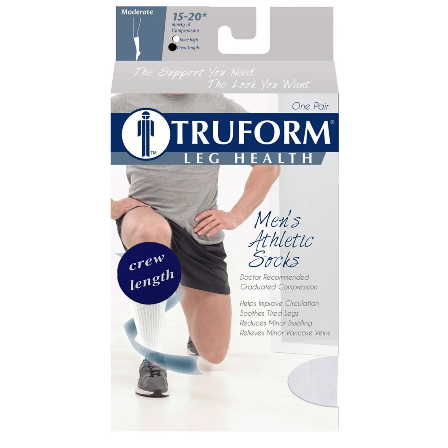 Truform leg health packaging for men's athletic socks with a person wearing the socks.