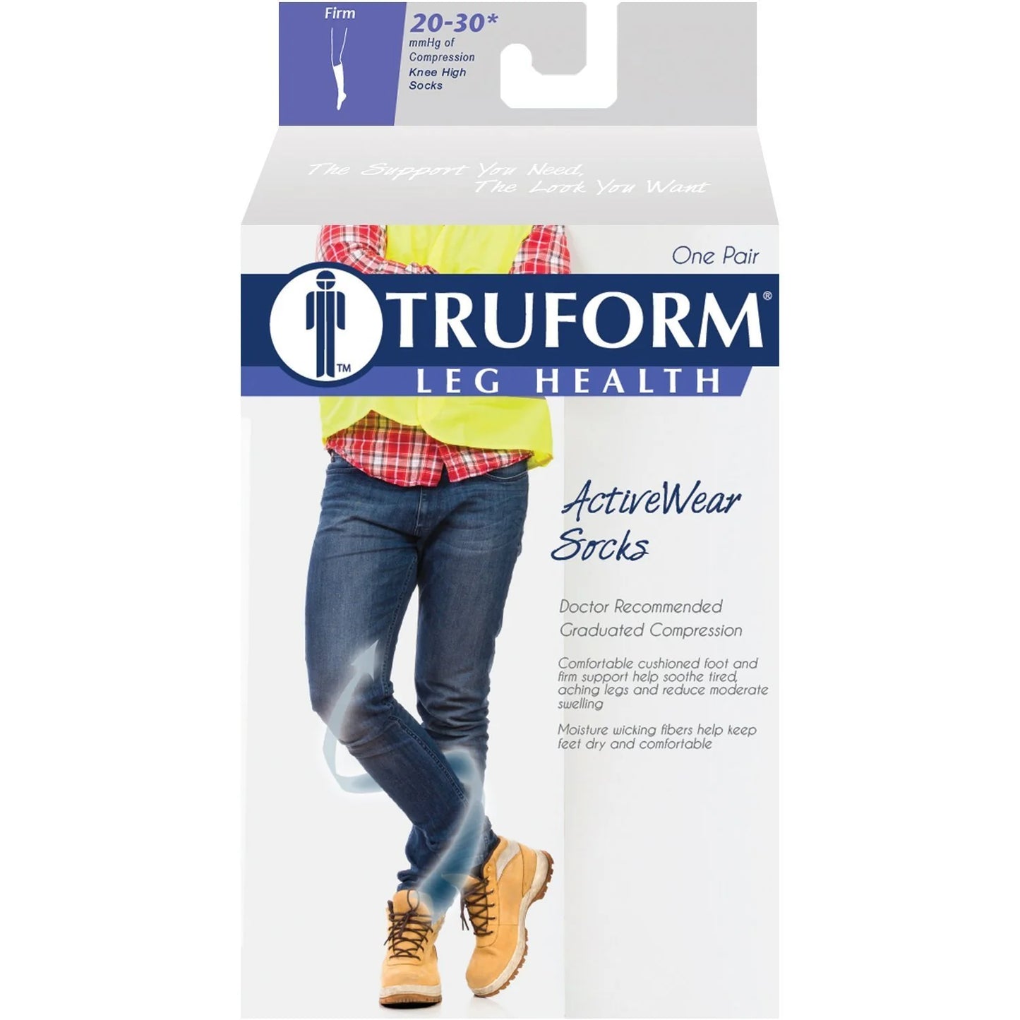 Truform leg health compression sock packaging with a person wearing the socks.