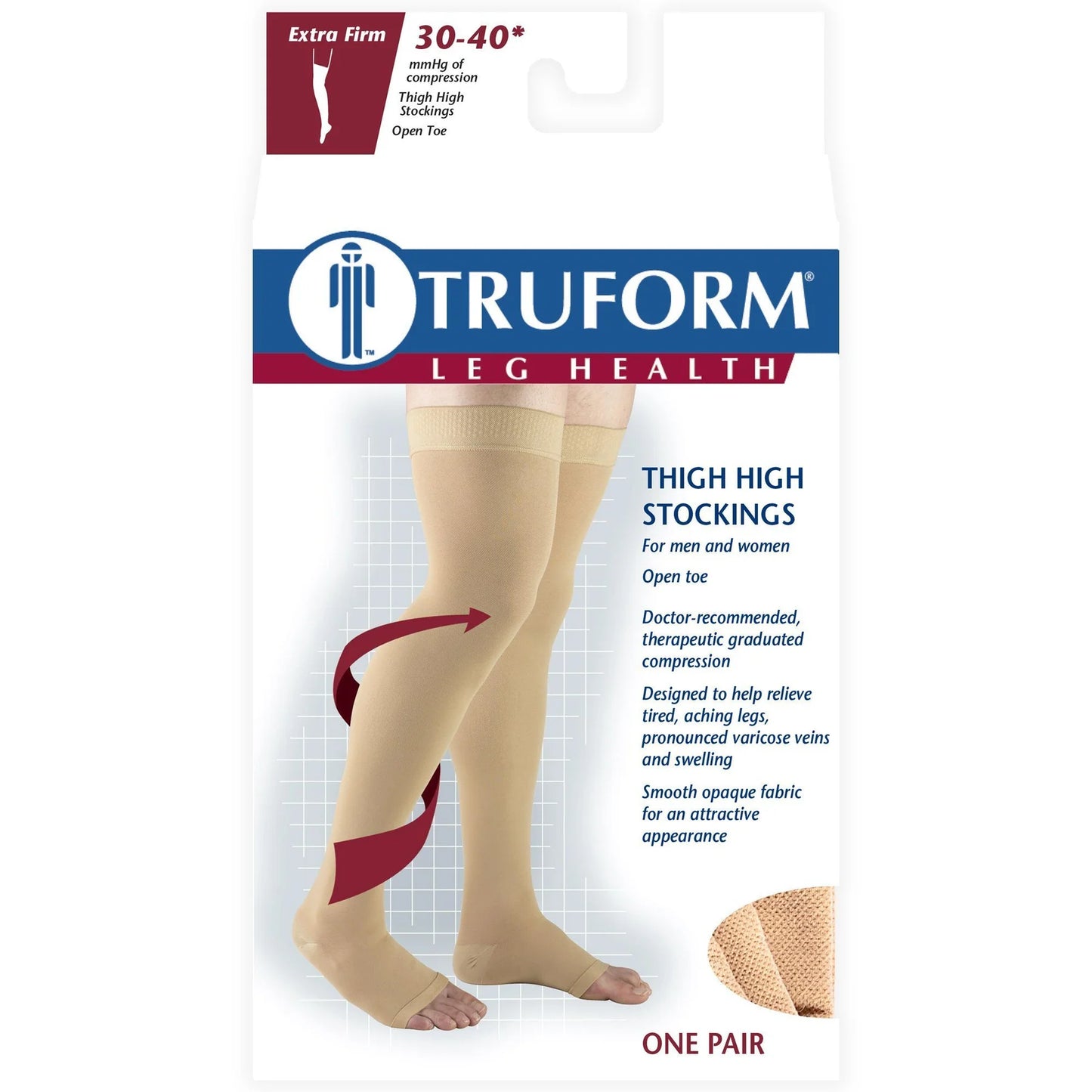 Truform leg health packaging for thigh high stockings on a white background