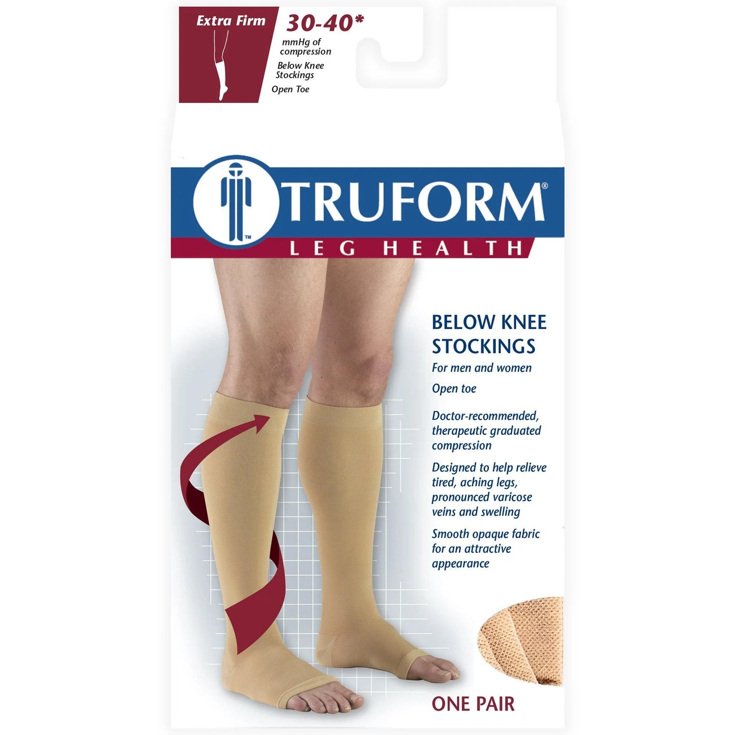 Truform leg health below knee stocking packaging with a person wearing the stockings.