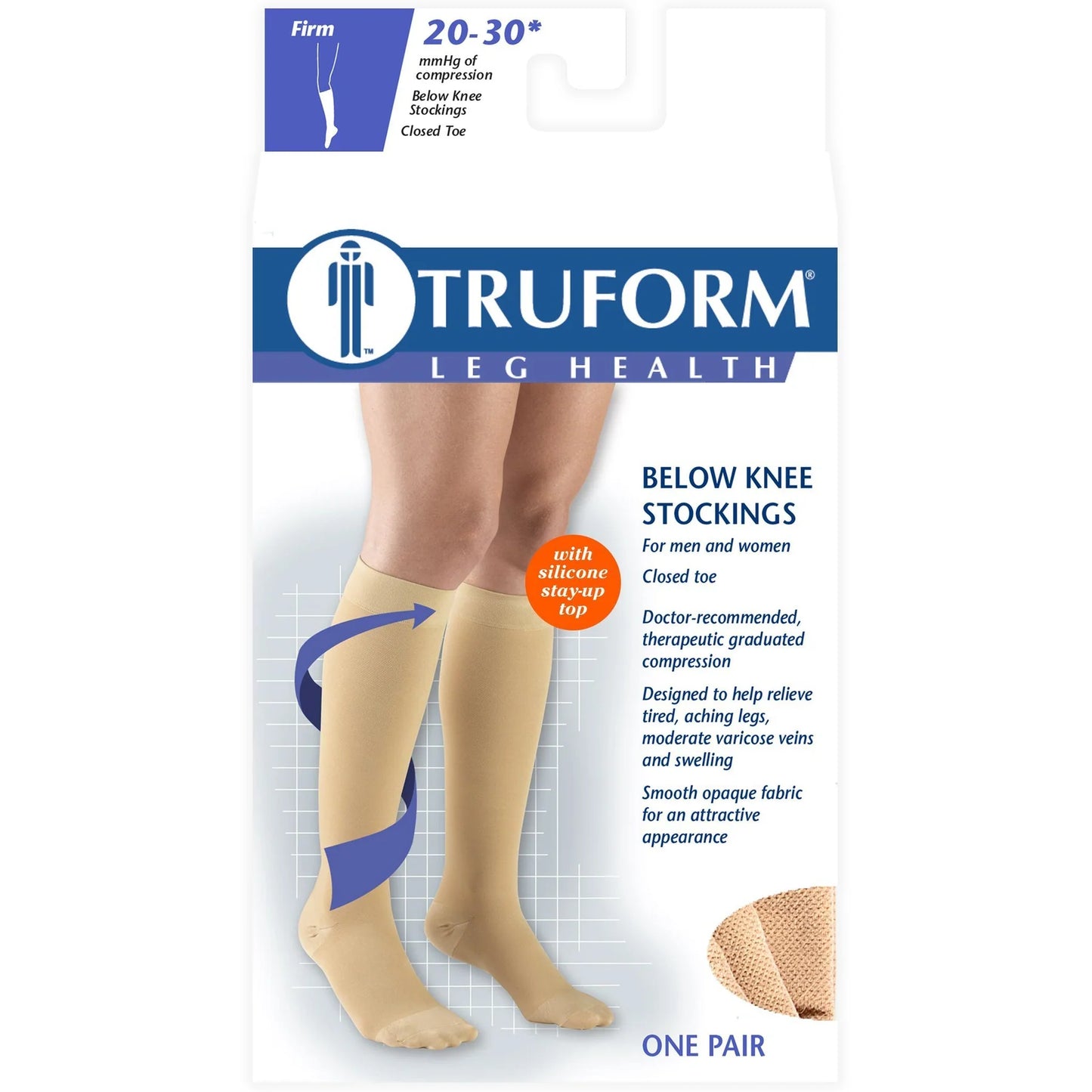 Truform below knee stocking packaging with a person wearing the stockings