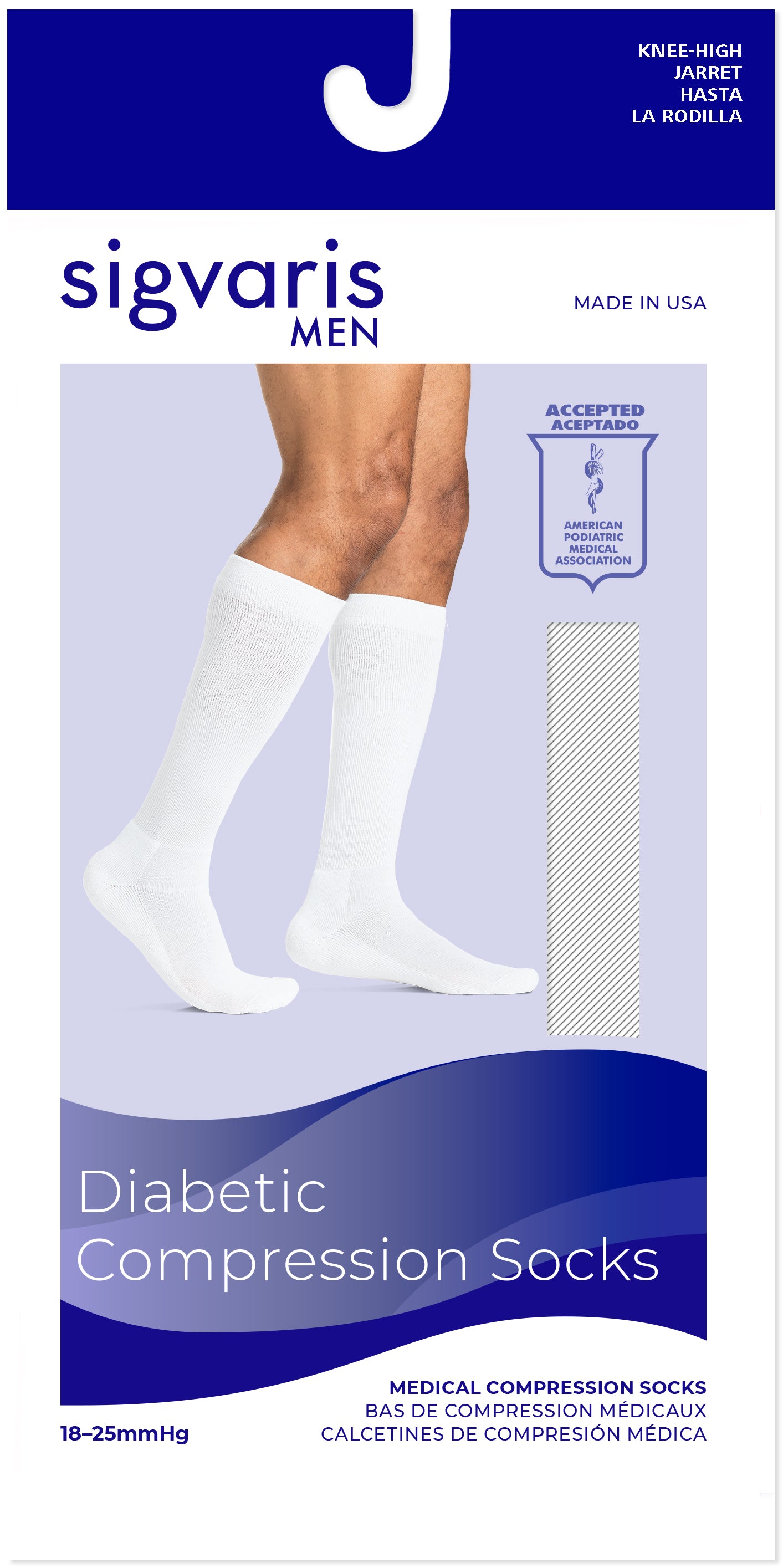 Sigvaris Men's diabetic compression socks packaging with a person wearing socks on a light purple background.