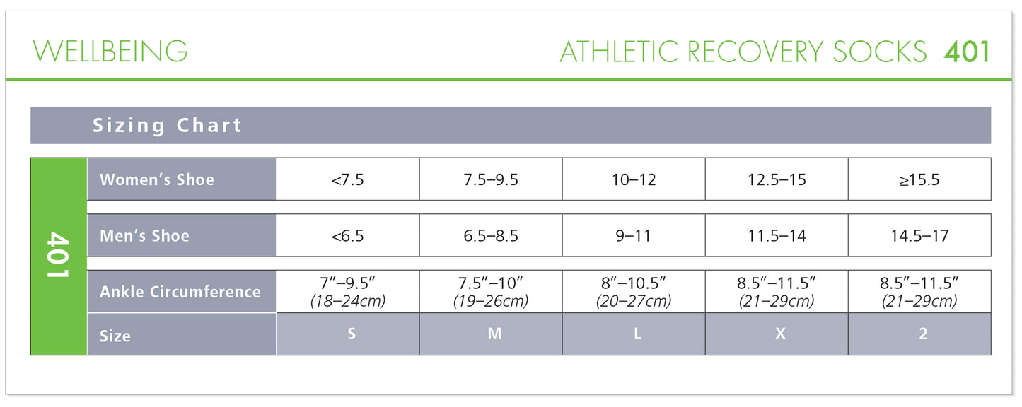 Sizing chart for athletic recovery socks with shoe size and ankle circumference information.