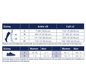 Sizing chart for ankle and calf circumference with corresponding shoe sizes.