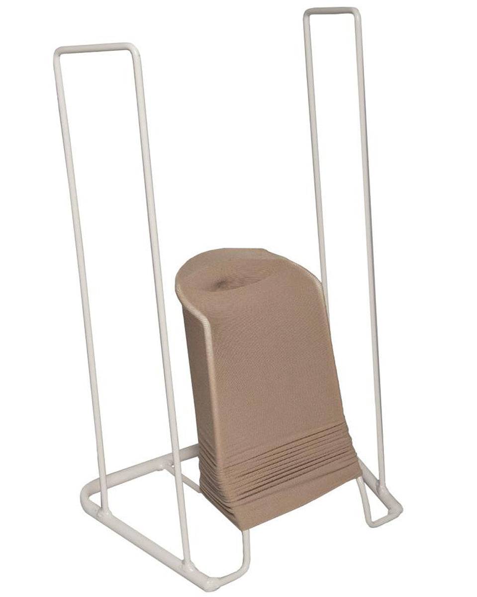 White metal stand holding a roll of brown paper towels on a white background