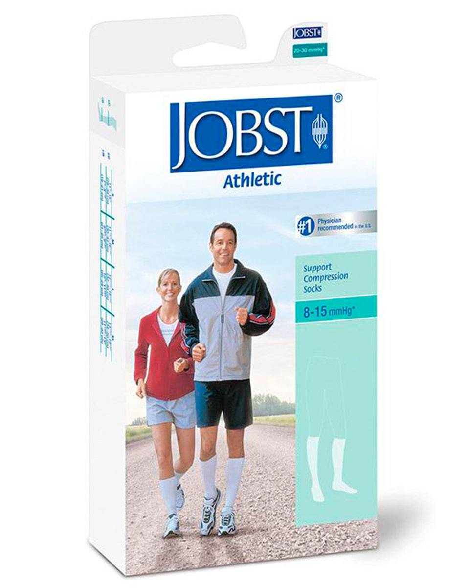 JOBST athletic support compression socks packaging with a man and woman walking outdoors.