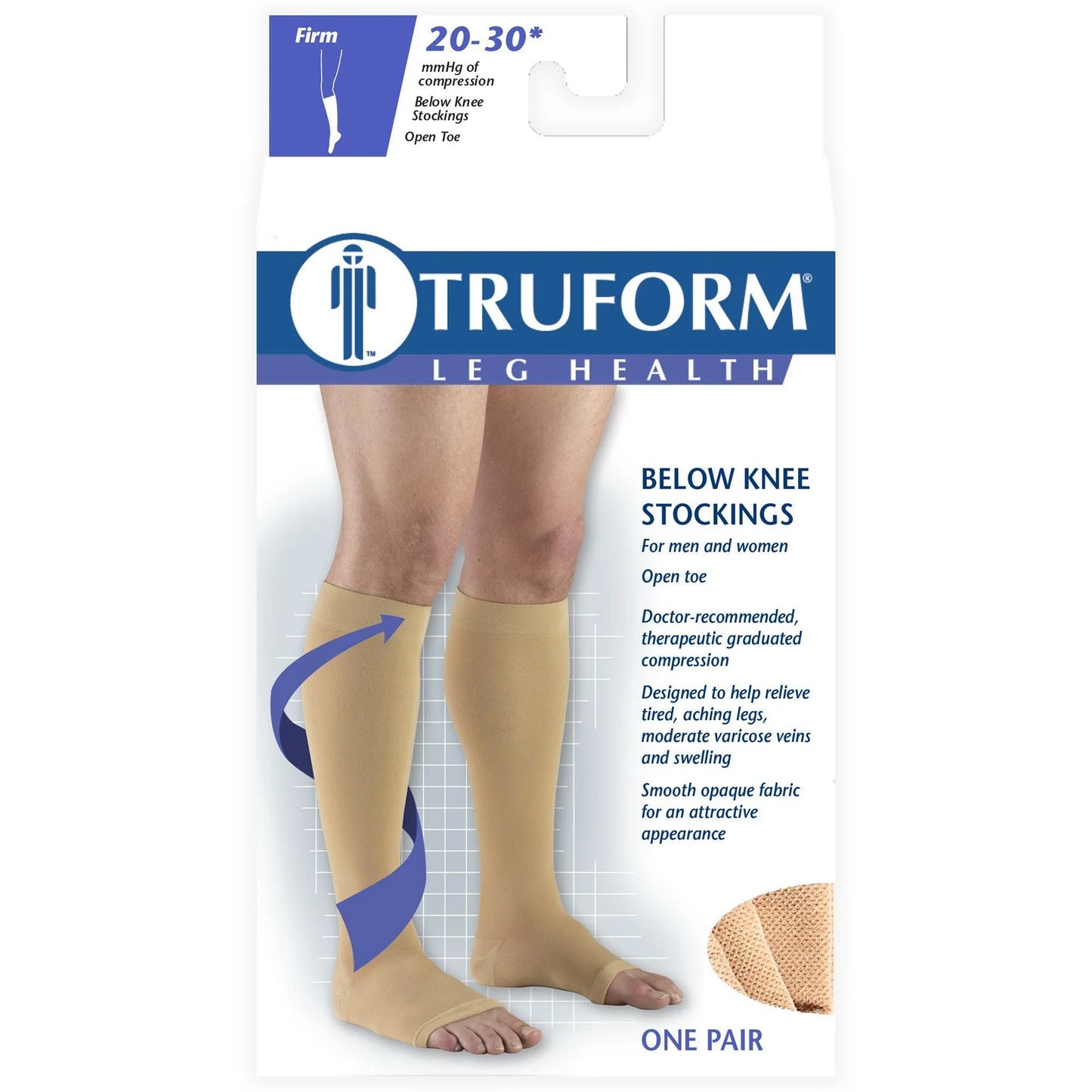 Truform leg health below knee stockings packaging with a person wearing the stockings
