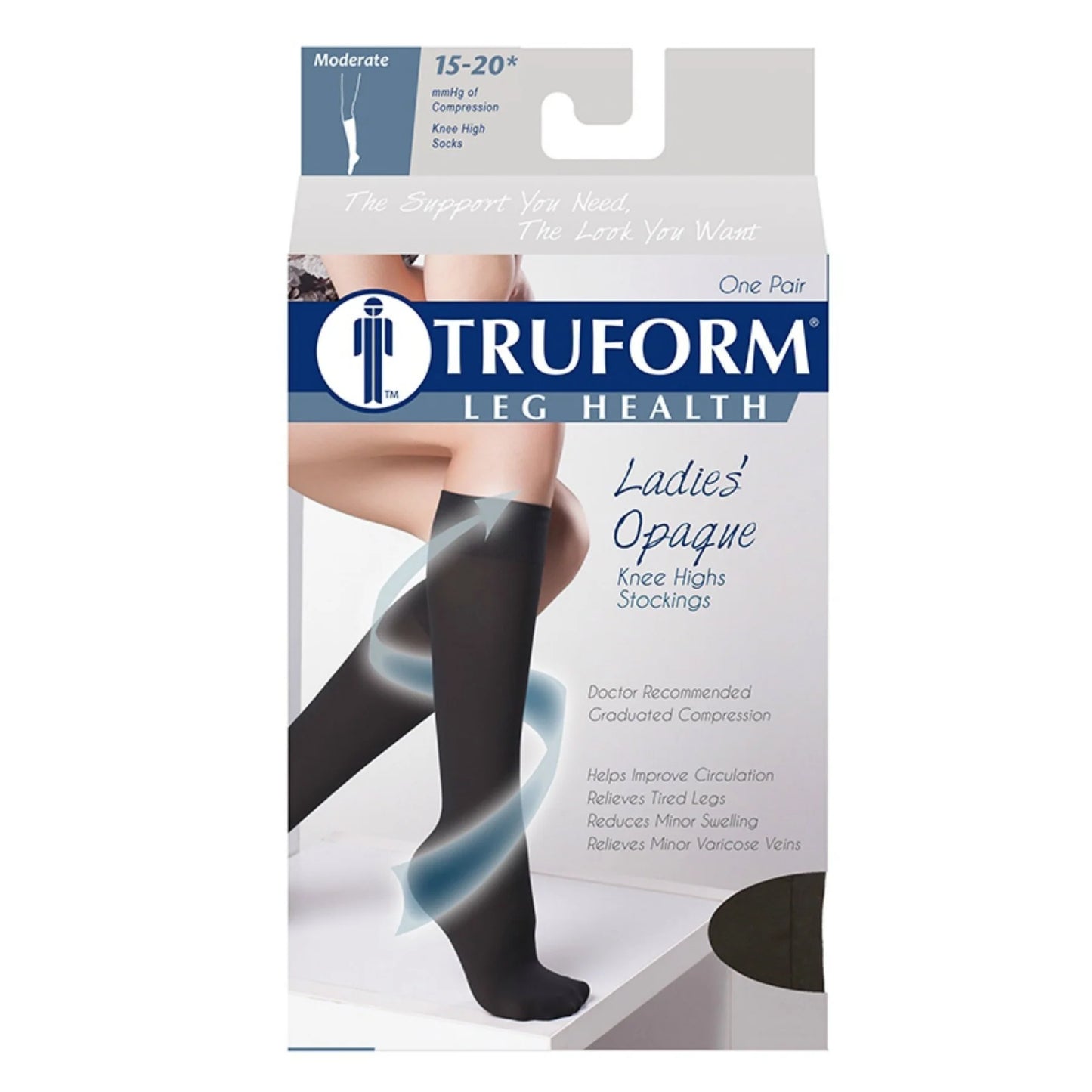 Truform leg health packaging for ladies' opaque knee-high stockings on a white background