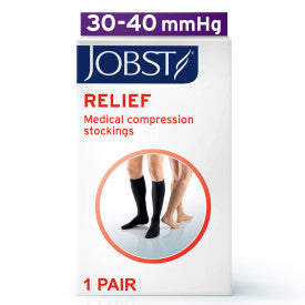 Box of Jobst Relief medical compression stockings with a person wearing the socks on a white background.