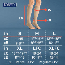 Knee-high stocking size chart with JOBST branding on a blue background