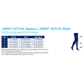 JOBST ACTIVA Opaque and Sheer compression stocking information chart with a leg