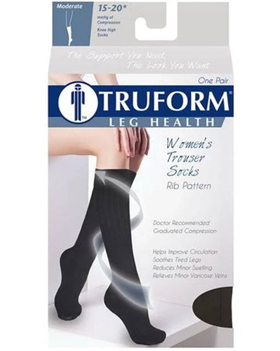 Truform compression sock packaging with a person wearing socks on a white background