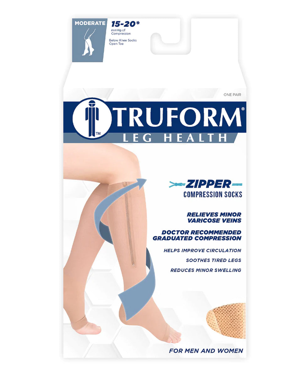 Second Skin Zippered Compression Socks Knee High Open  15-20  / Unisex Pair