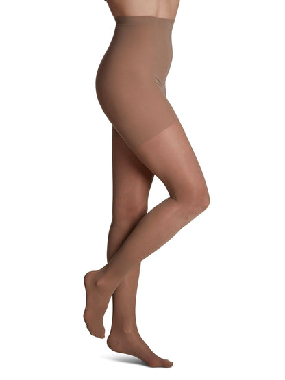 Taupe knee-high socks with navy tops on a white background