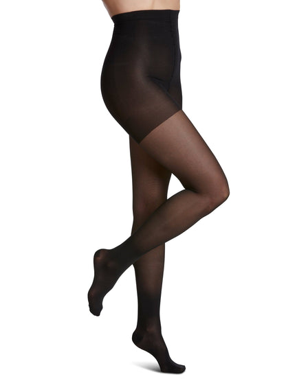 Black knee-high socks with navy tops on a white background