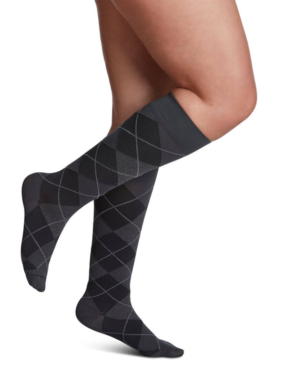 Navy and Black striped knee-high socks on a white background