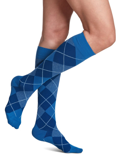 Navy and Blue striped knee-high socks on a white background