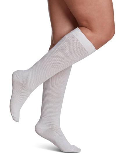White knee-high socks worn by a person on a white background