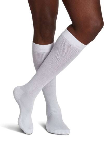 White knee-high socks worn by a person on a white background