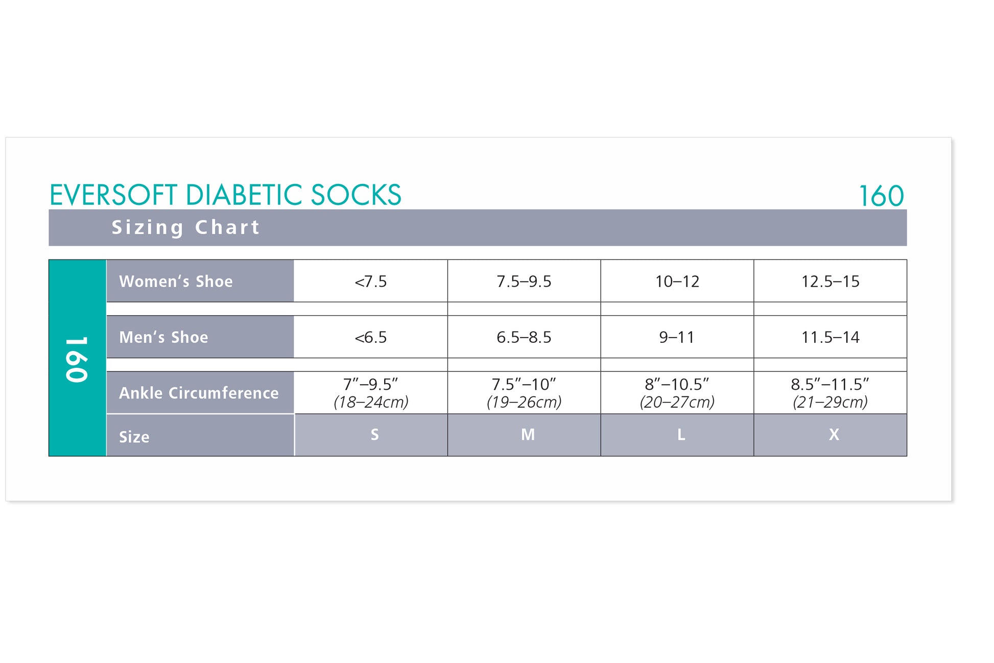 Sizing chart for Eversoft Diabetic Socks with measurements and shoe size ranges.