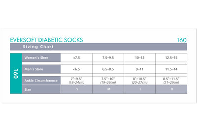 Sizing chart for Eversoft Diabetic Socks with measurements and shoe size ranges.