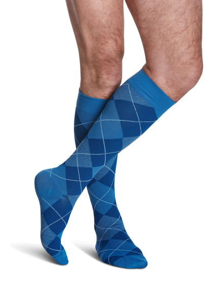 Blue striped knee-high socks on a white background