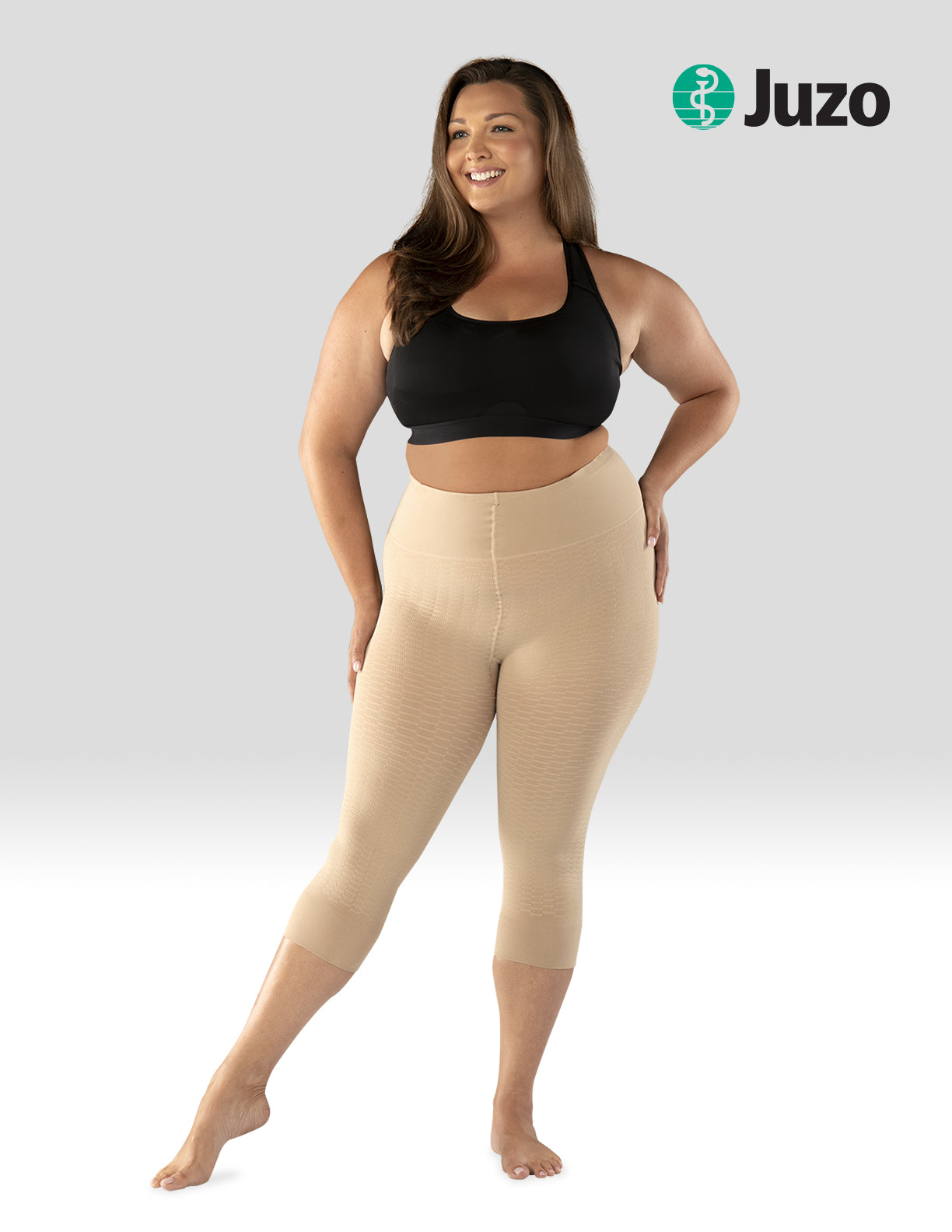 Juzo beige compression leggings for women, white background, branded – Compressionsale