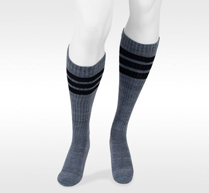 Gray knee-high socks with black stripes on a white background in Juzo from compressionsale