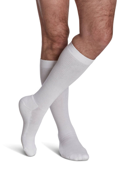 White knee-high socks worn by a person on a white background