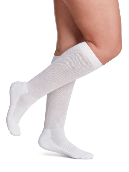White knee-high socks worn by a person on a white background