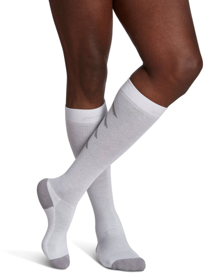 Gray knee-high socks worn by a person on a white background