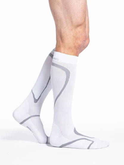 White compression socks with gray accents on a white background