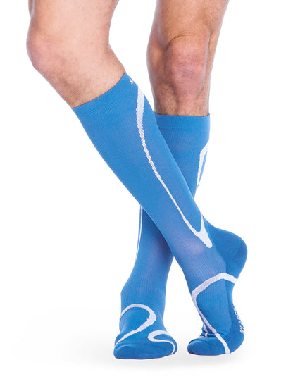 Steel Blue compression socks with gray accents on a white background