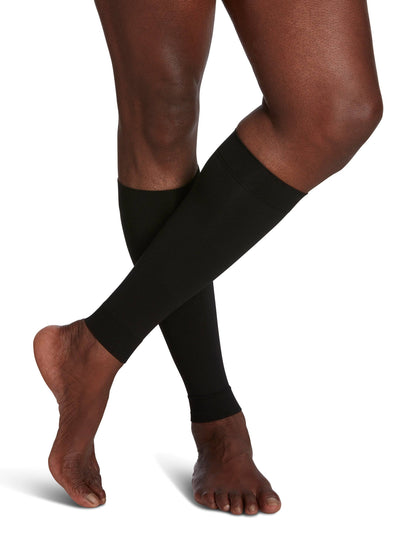 Black compression sleeves on a person's legs against a white background