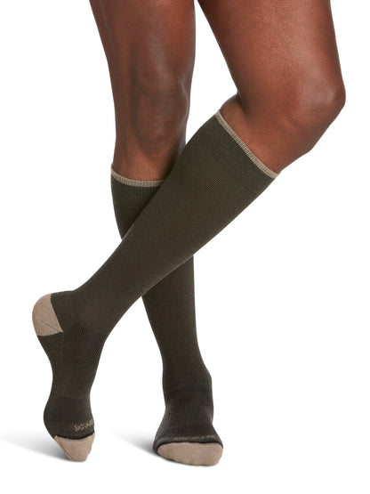 Dark gray knee-high socks with beige accents worn by a person on a white background