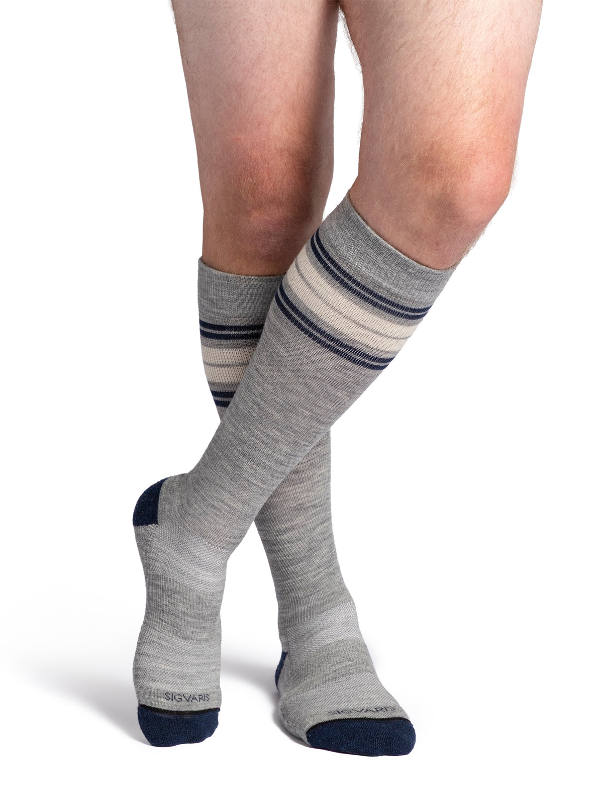 Sigvaris Motion Thermoregulating Wool Heather Grey Multi-Stripe compression socks, Men's model