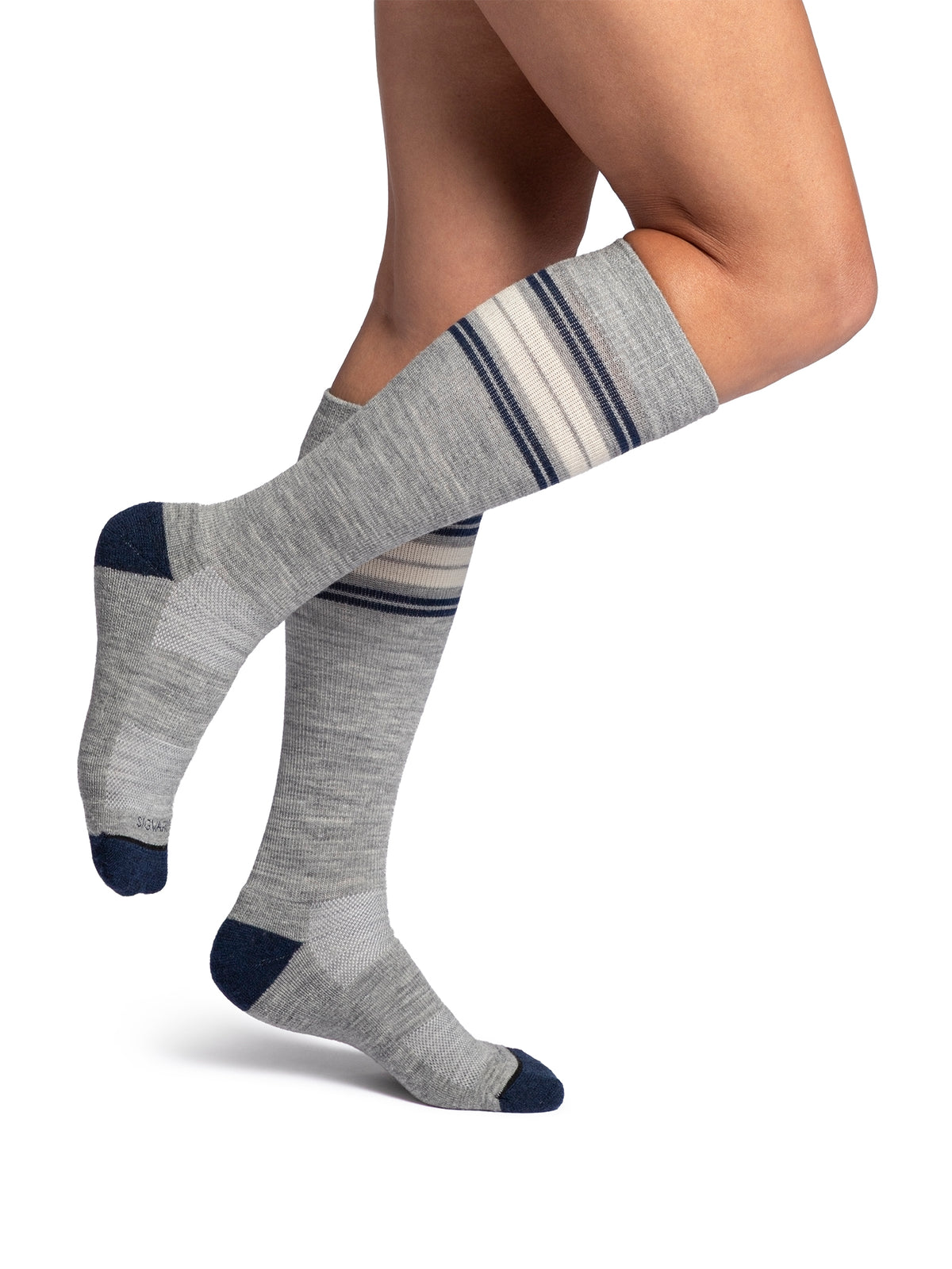 Sigvaris Motion Thermoregulating Wool Heather Grey Multi-Stripe compression socks, Women's model