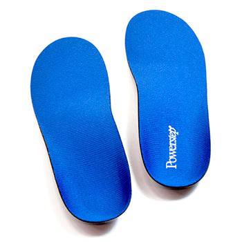 Pair of blue insoles with a brand logo on a white background