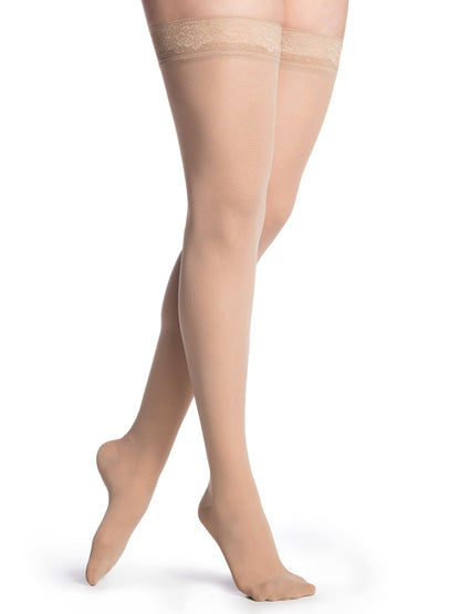 Beige sheer stockings worn by a person on a white background