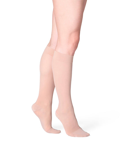 Toasted Almond knee-high socks with navy tops on a white background