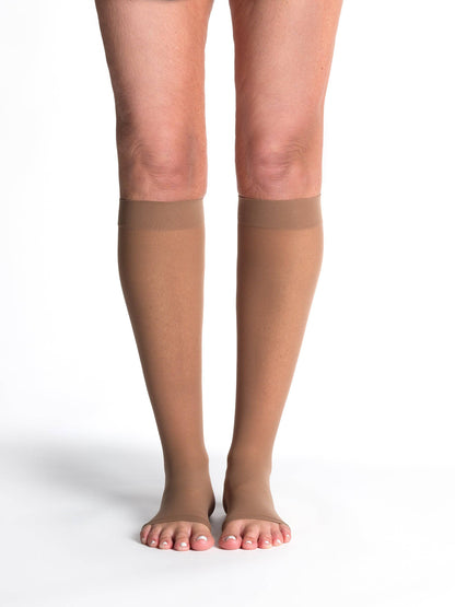 Cafe compression stockings being worn on a white background