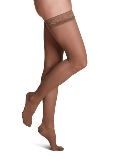Cafe sheer stockings with lace top on a white background