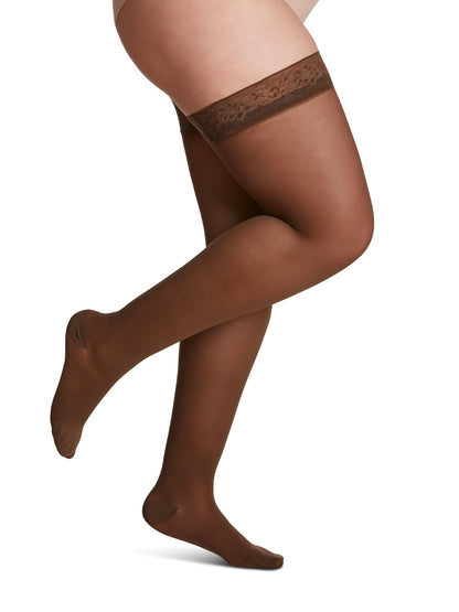 Mocha knee-high socks with navy tops on a white background