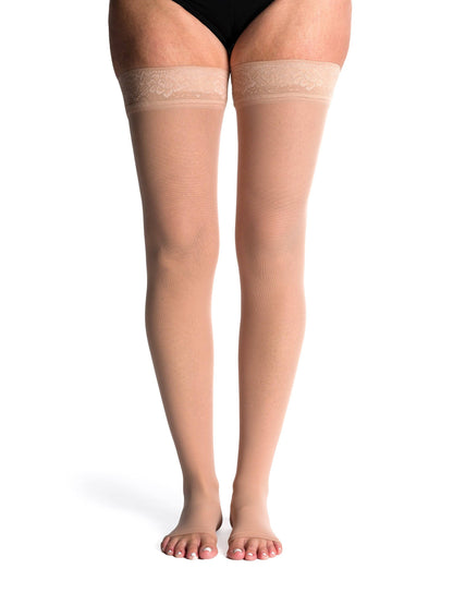 Toasted Almond knee-high socks with navy tops on a white background
